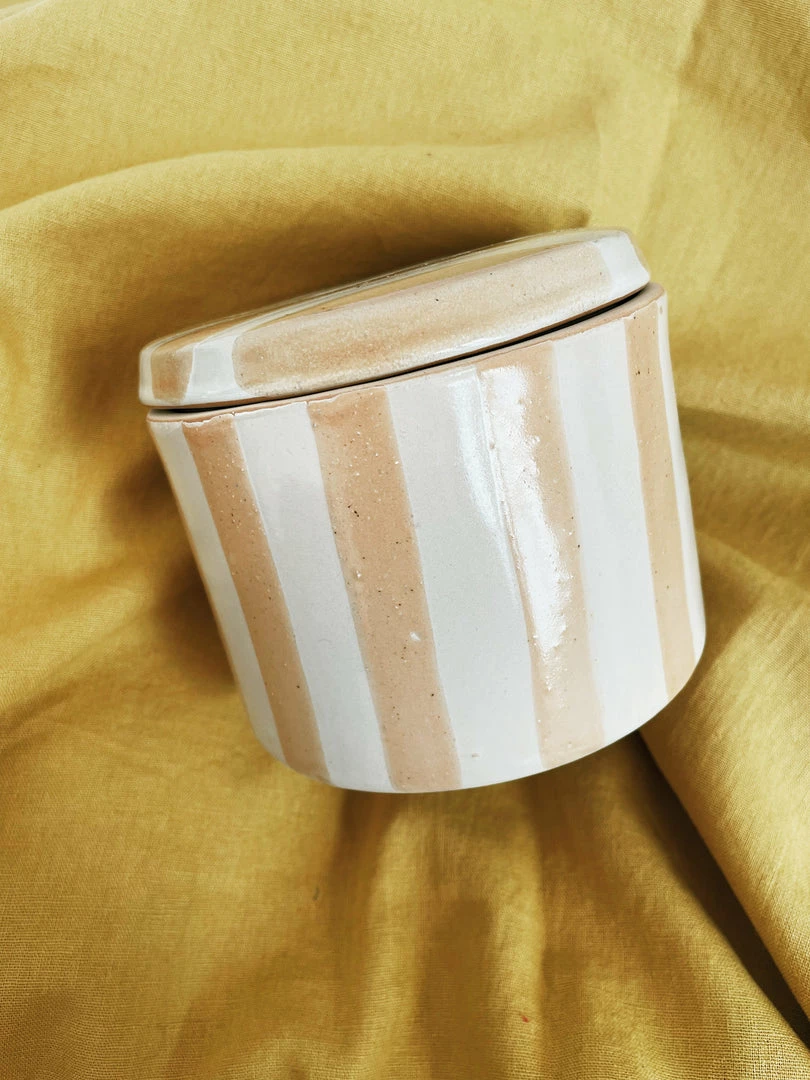 Creative Co-op Yellow Striped Stoneware Canister Kitchenware