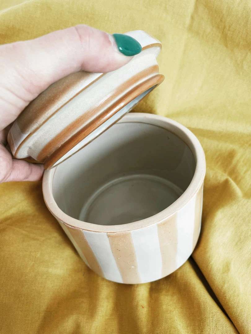 Creative Co-op Yellow Striped Stoneware Canister Kitchenware