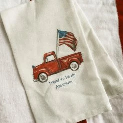 French Graffiti 4th Of July Weekend Red Truck With Flag And Quote Dishtowel