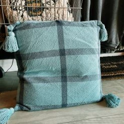 Creative Co-op Blue Plaid Cotton Pillow