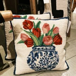 Peking Handicraft Chinoiserie Vase Tulips Hook Pillow