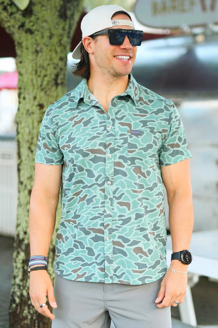 Gifts For Him Burlebo: Performace SS Button Up - Retro Duck Camo